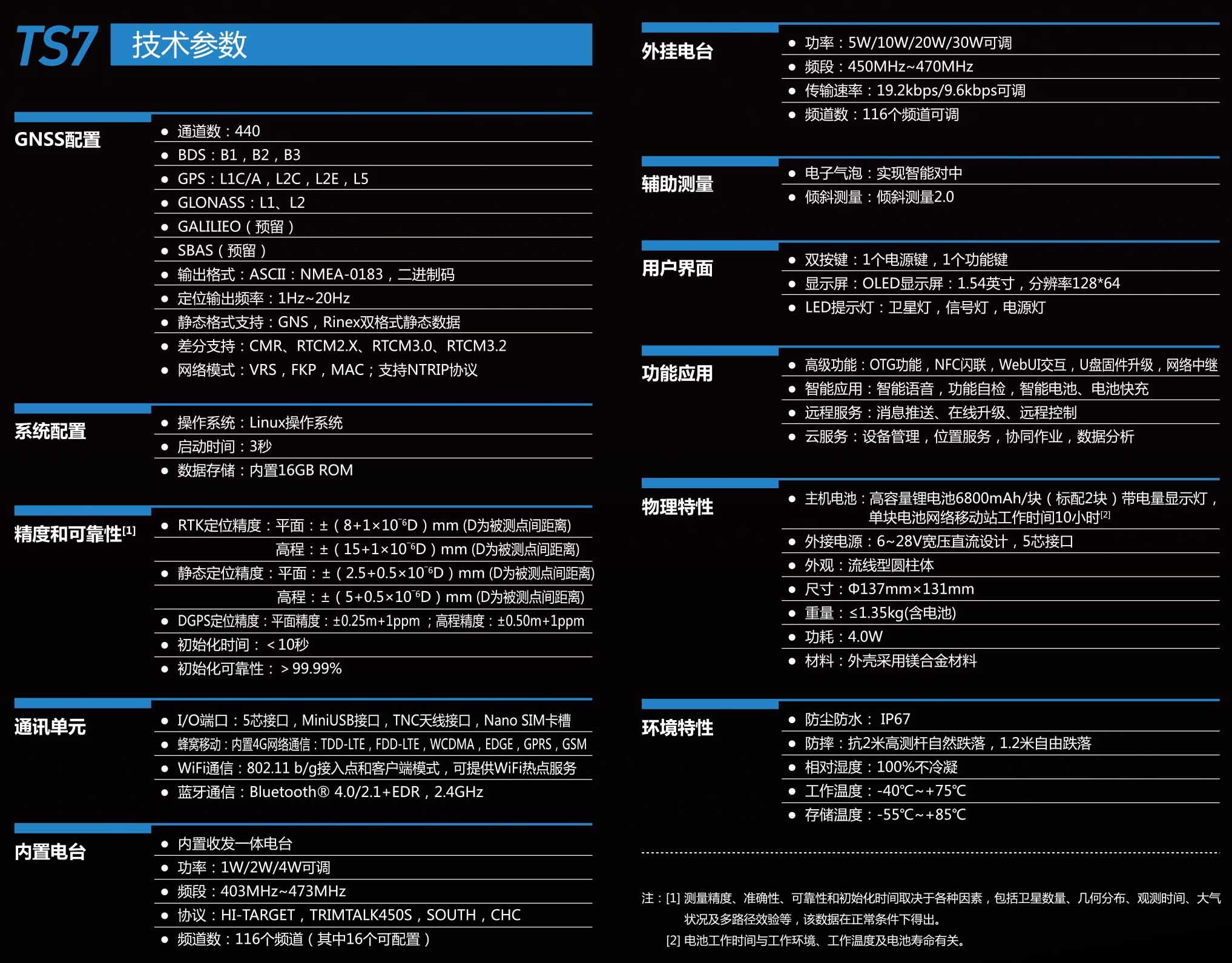 北斗海達(dá)TS7小型RTK測量系統(tǒng)技術(shù)參數(shù)